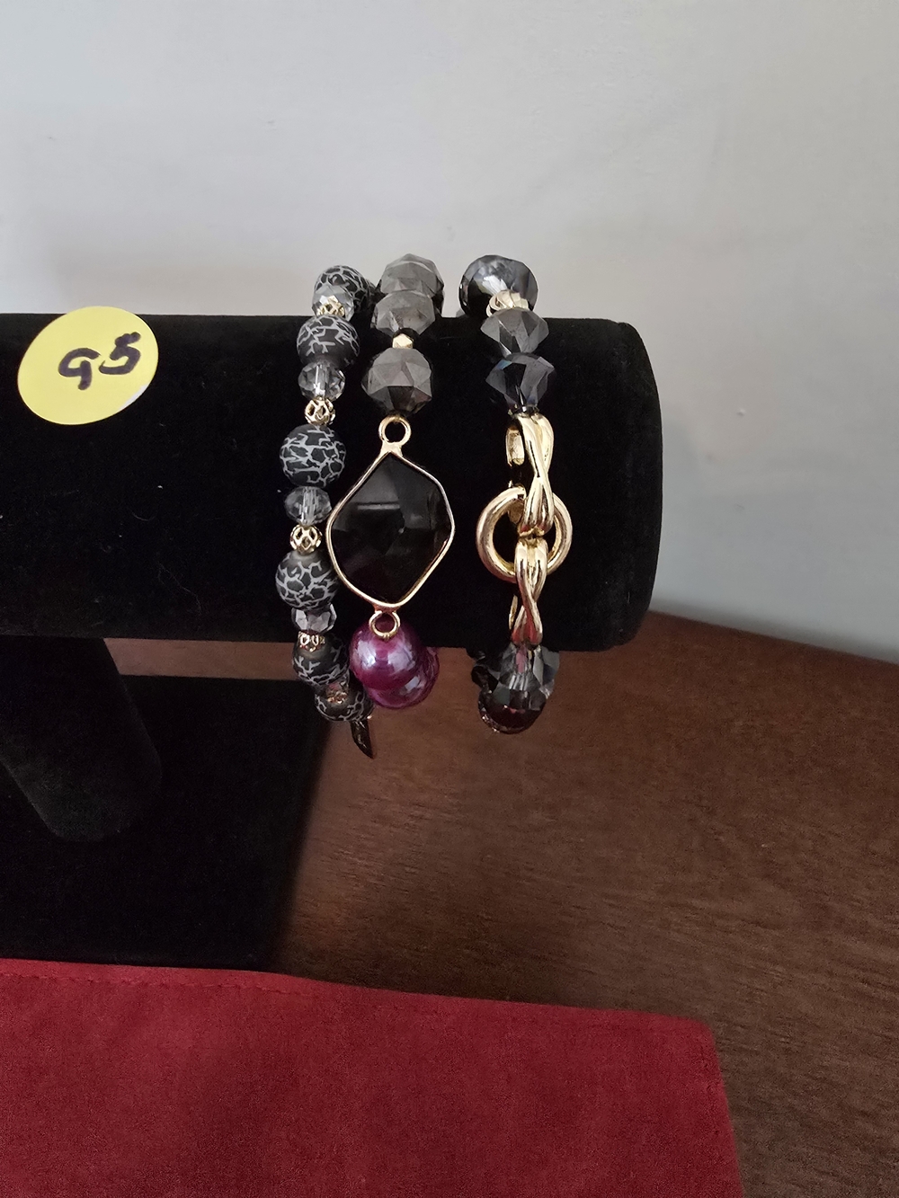 Erimish Black and Purple Beaded Bracelet Trio with Gold Accents